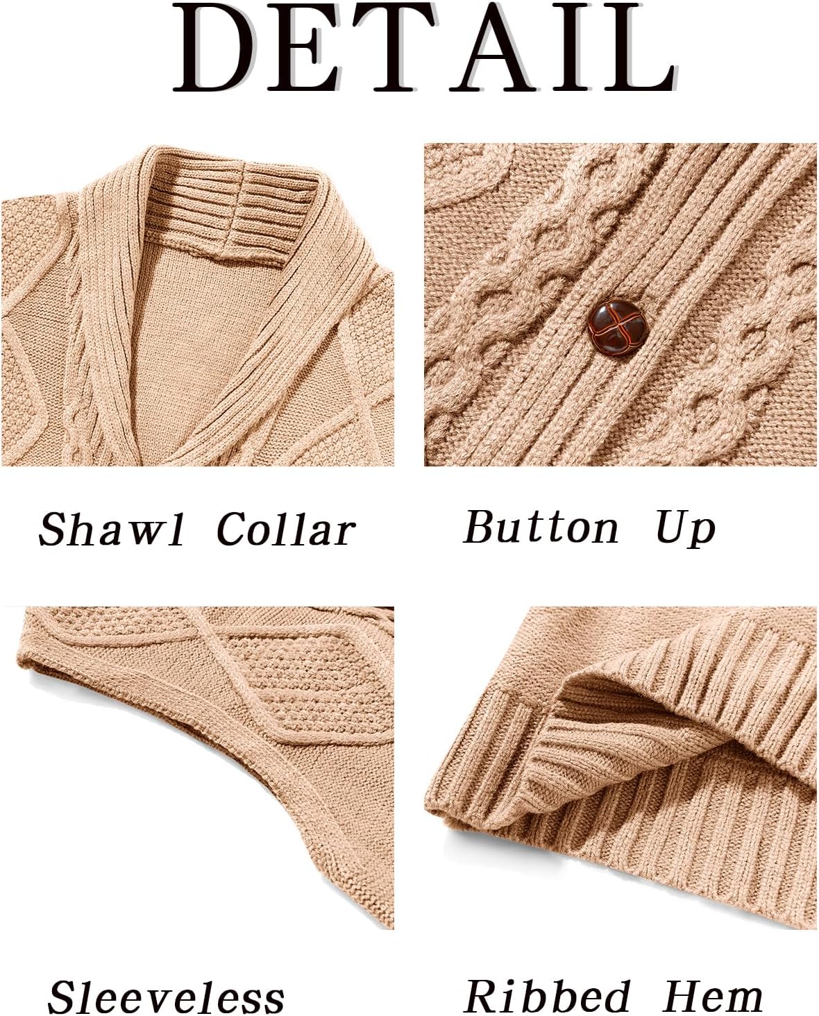 Runcati Mens Cable Knit Sweater Vest Shawl Collar Casual Slim Fit Sleeveless Button Down Cardigan Vest with Pockets - Image 5