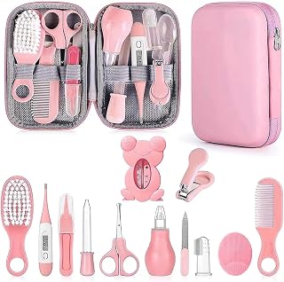 PZCC Baby Care Kit, Baby Toiletry Bag, 12 Essential Baby Care Accessories, with Digital Thermometer, Comb and Nail Cutter, Kit, Newborn Gift for Girls and Boys (Pink)