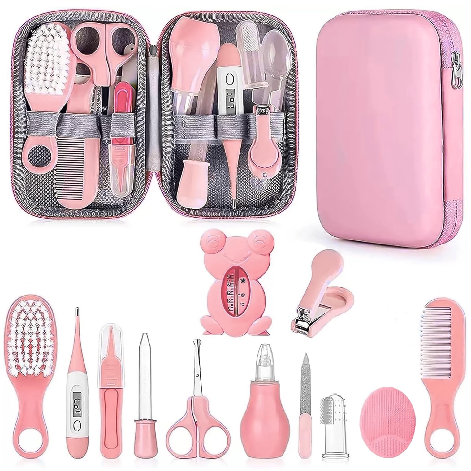 PZCC Trousse de Soin Bebe, Trousse de Toilette Bebe, 12 Accessoires Essentiels Soin de Bébé, avec Thermomètre Digital, Peigne et Coupe Ongles, Kit, Cadeau de Naissance Fille et Garçon (Rose)