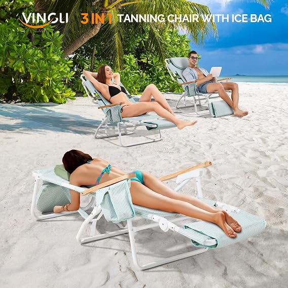 VINGLI Deluxe 3 in1 Beach Chair, Tanning Chair with Face Hole, Reclining Lounge with Foot Rest, Cup Holder and Storage Bag,Beach Lounge for Outdoor Pool-Green