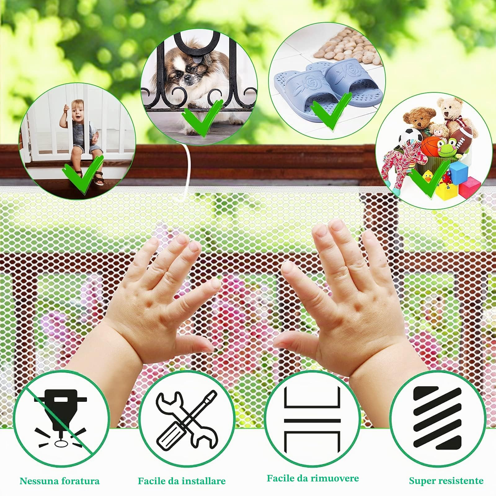 Rete di sicurezza per bambini, rete di protezione per balcone e scala, 300 x 90 cm, robusta, regolabile, recinto per scale, barriera di sicurezza in rete per gatti e giocattoli, bianco