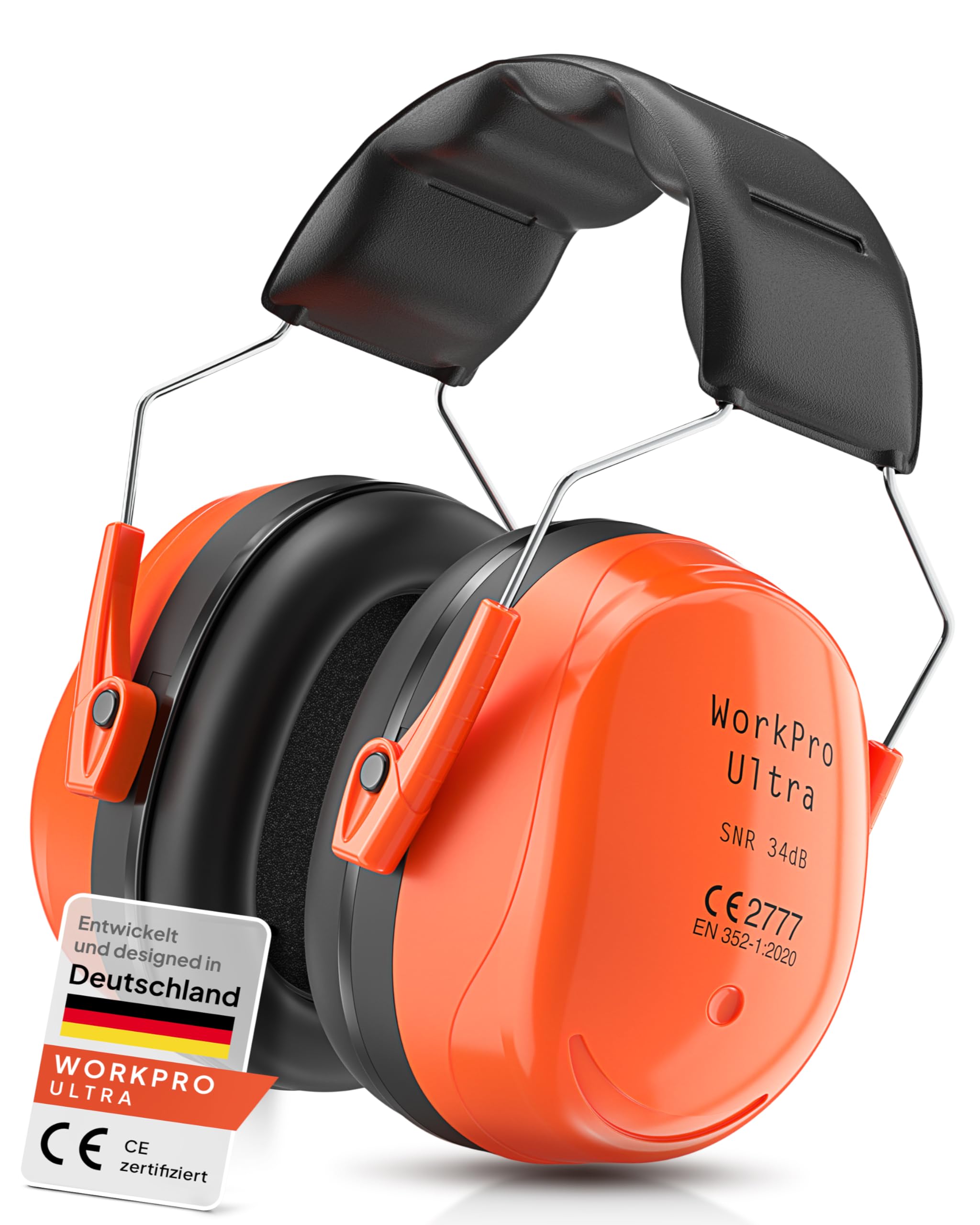 Senner ® WorkPro Ultra | Gehörschutz für Arbeit und Freizeit – Größenverstellbare Ohrenschützer - Hochwertige Lärmschutz Kopfhörer mit SNR von 34 dB - Kapselgehörschutz Schwarz/Orange - Unisex