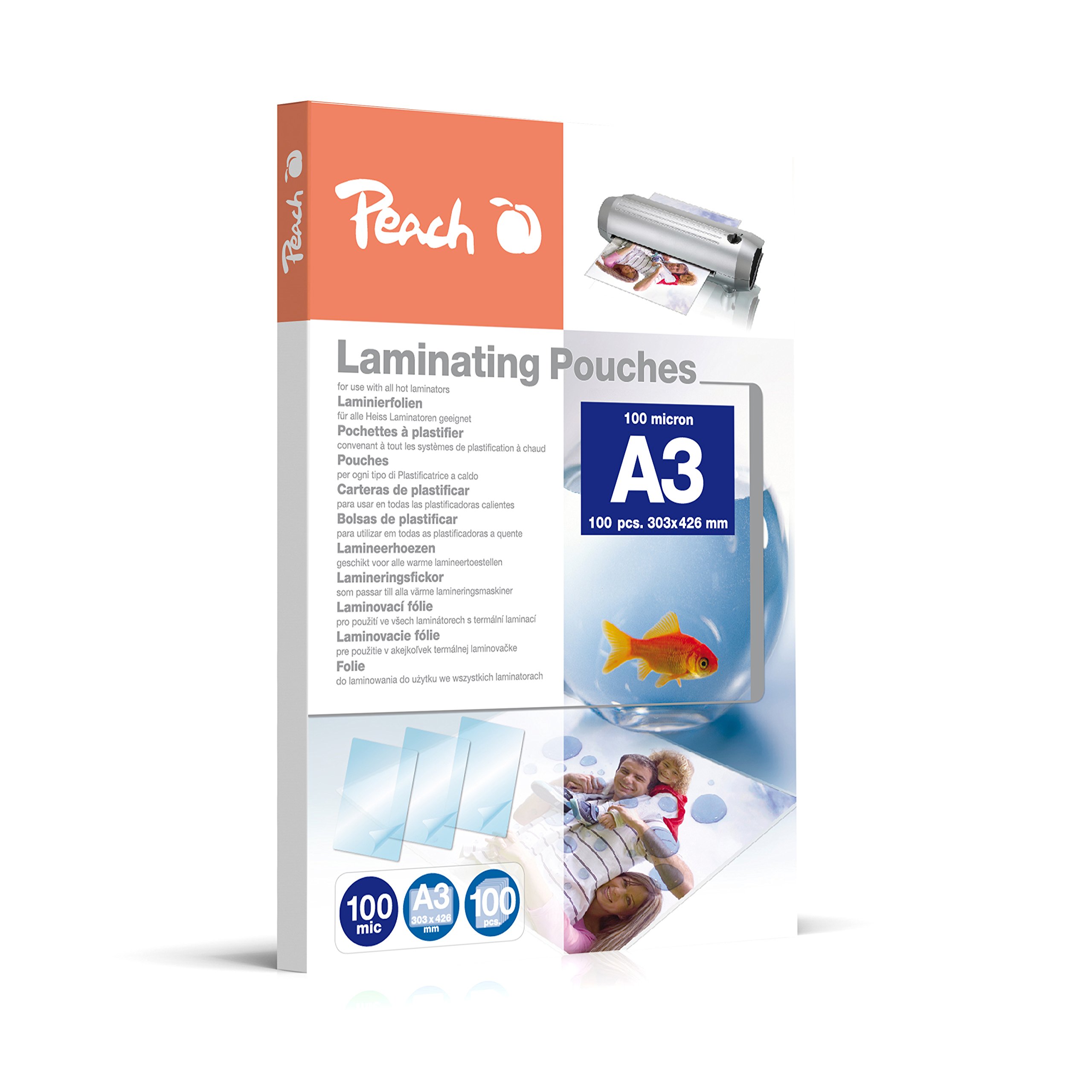 Peach Laminating Pouches A3, 100 mic, Glossy, PP500-01, Set of 100
