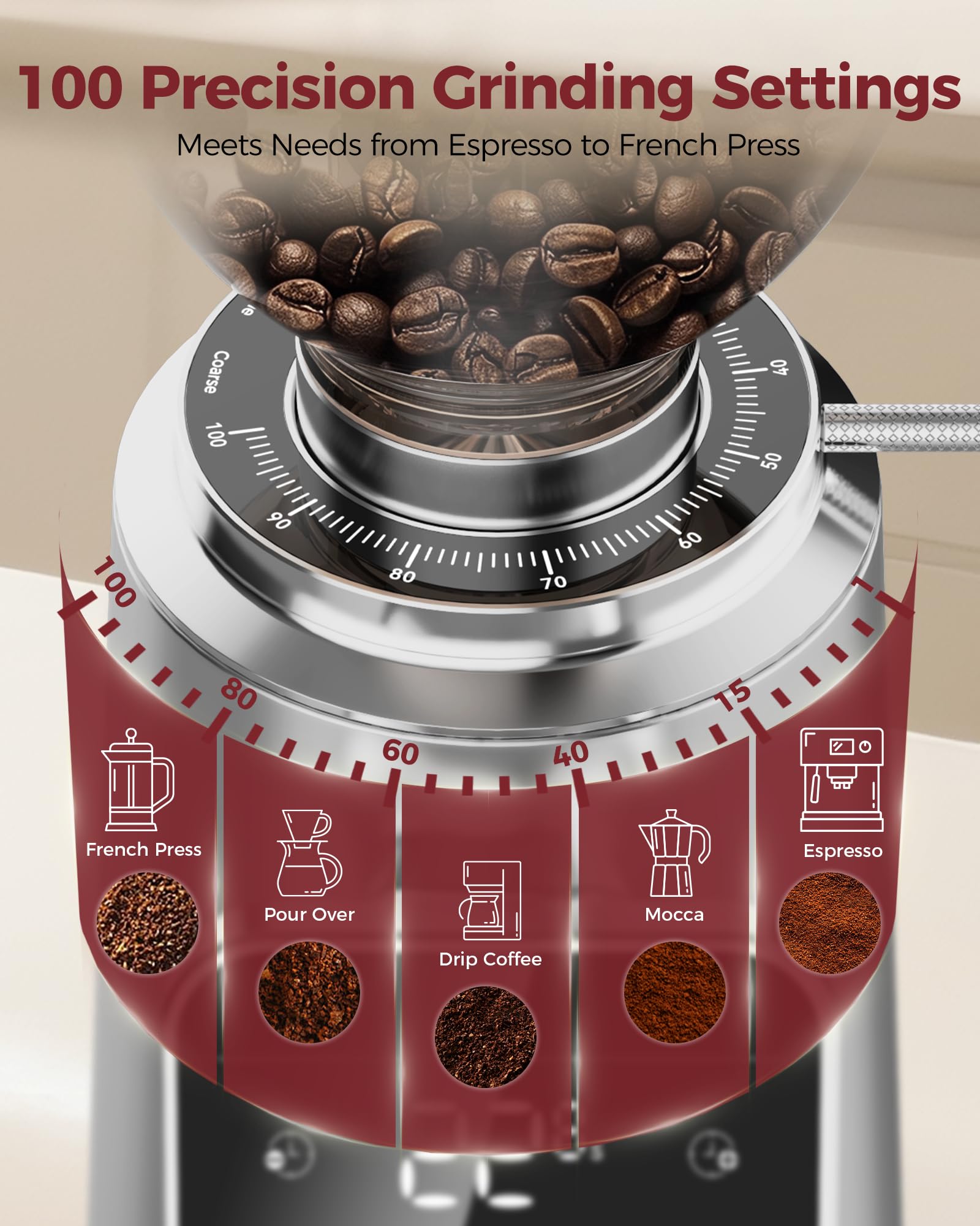 Tuni G3 64mm Flat Burr Electric Coffee Grinder with 100 Grind, Silver | Commercial Grade Espresso Grinder with Single Dose Set, Touchscreen Display, Anti-Static Tech, Stainless Steel