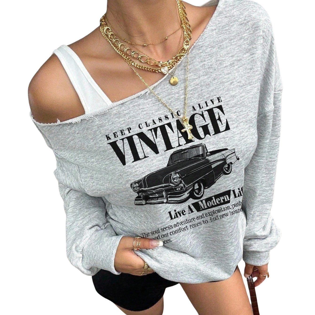 sxv style Women's Casual Vintage Car Print Asymmetrical Neck Pullover Sweatshirt-picture-28