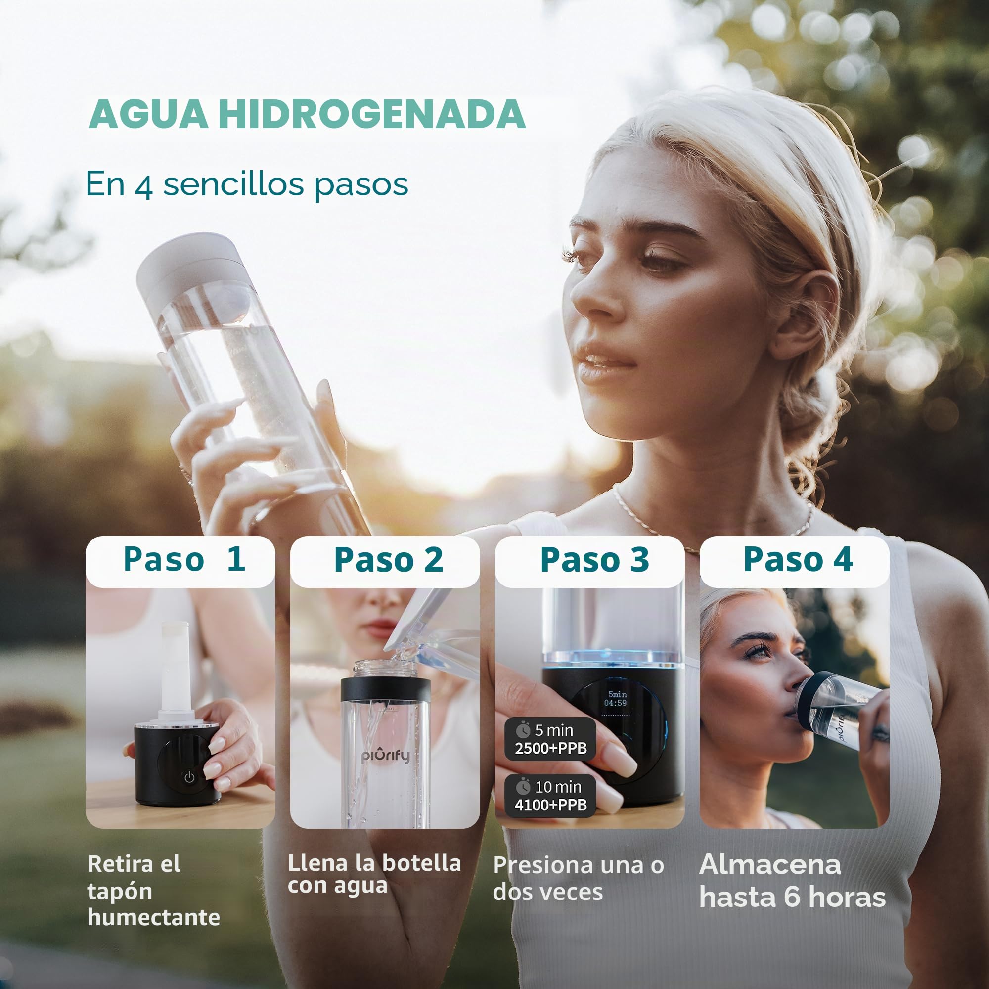 PIURIFY Botella de agua de hidrógeno negro, vaso corporal alimenticio; tecnología Spe/Pem, 3000 ppb de hidrógeno puro.