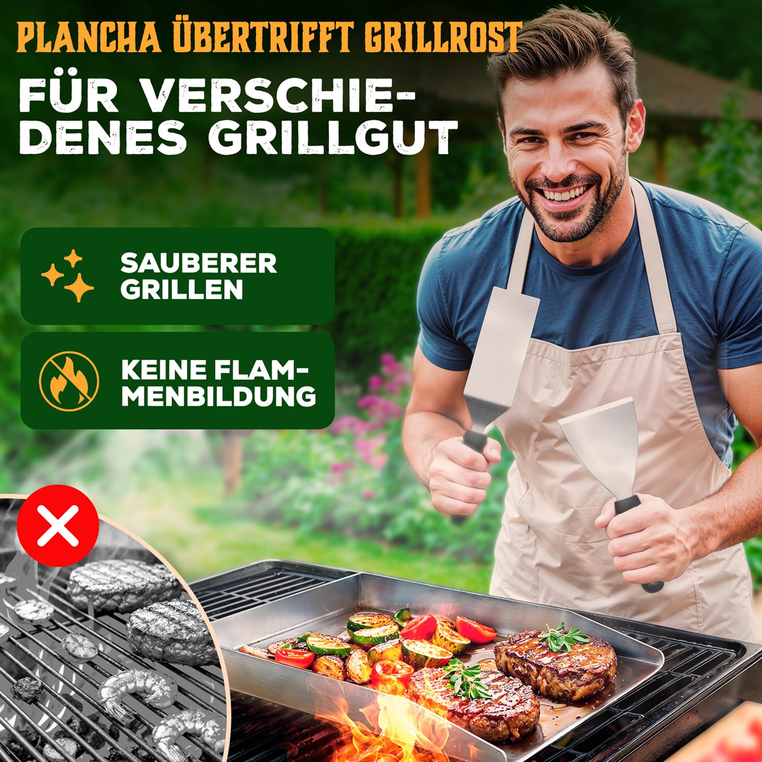 Blumtal Set Plancha Grillplatte Edelstahl inkl. 2 Grillspachteln & Ölflasche - 30x40 cm Plancha Grill Set für perfekte Röstaromen - Grillmatte Gasgrill geeignet - Edelstahl Platte rostfrei & robust