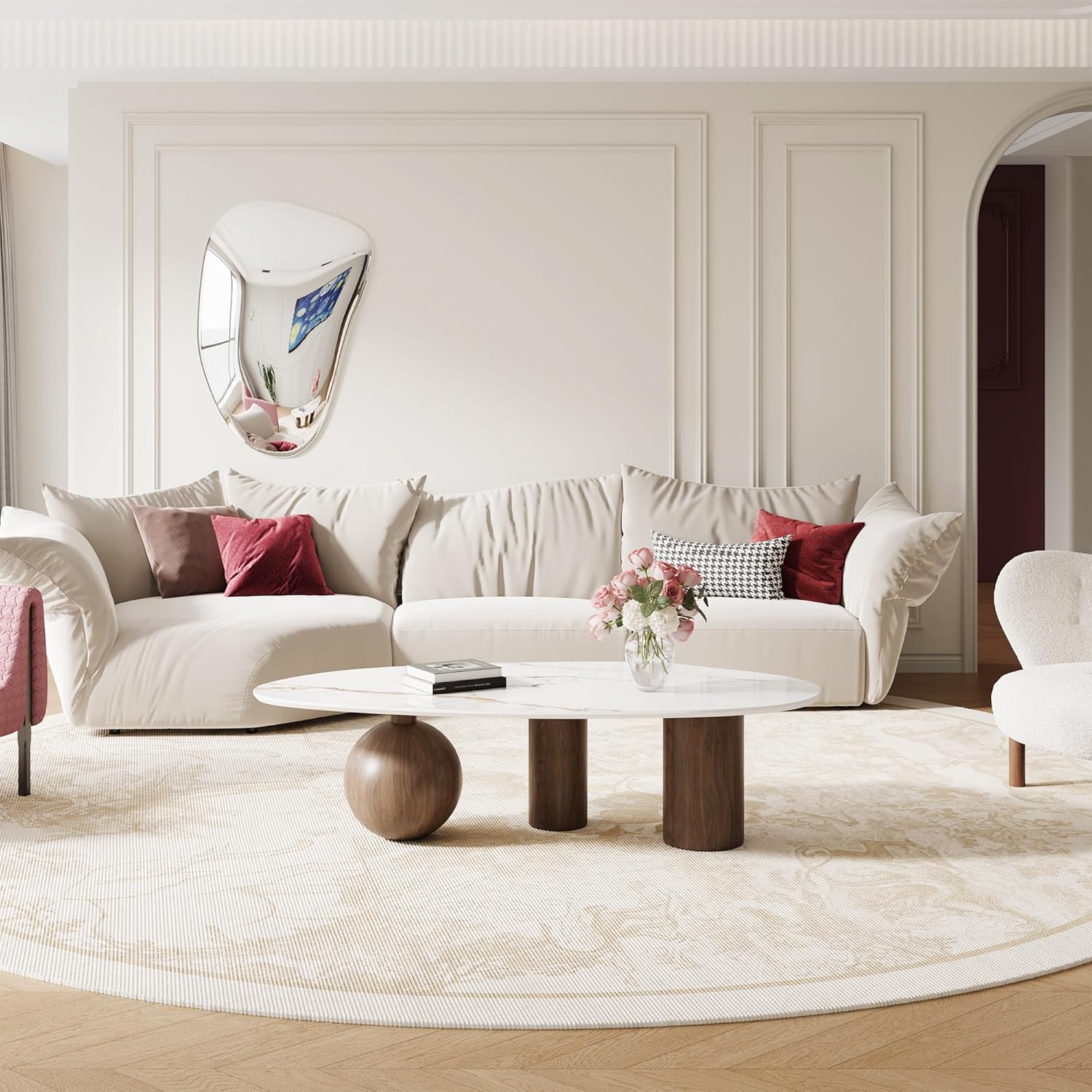 54" Modern Oval Coffee Table for Living Room, Unique Textured Sintered Stone Top & 3 Metal Legs with Wood Grain Finish, Minimalist Chic Living Room Center Table for Home Office