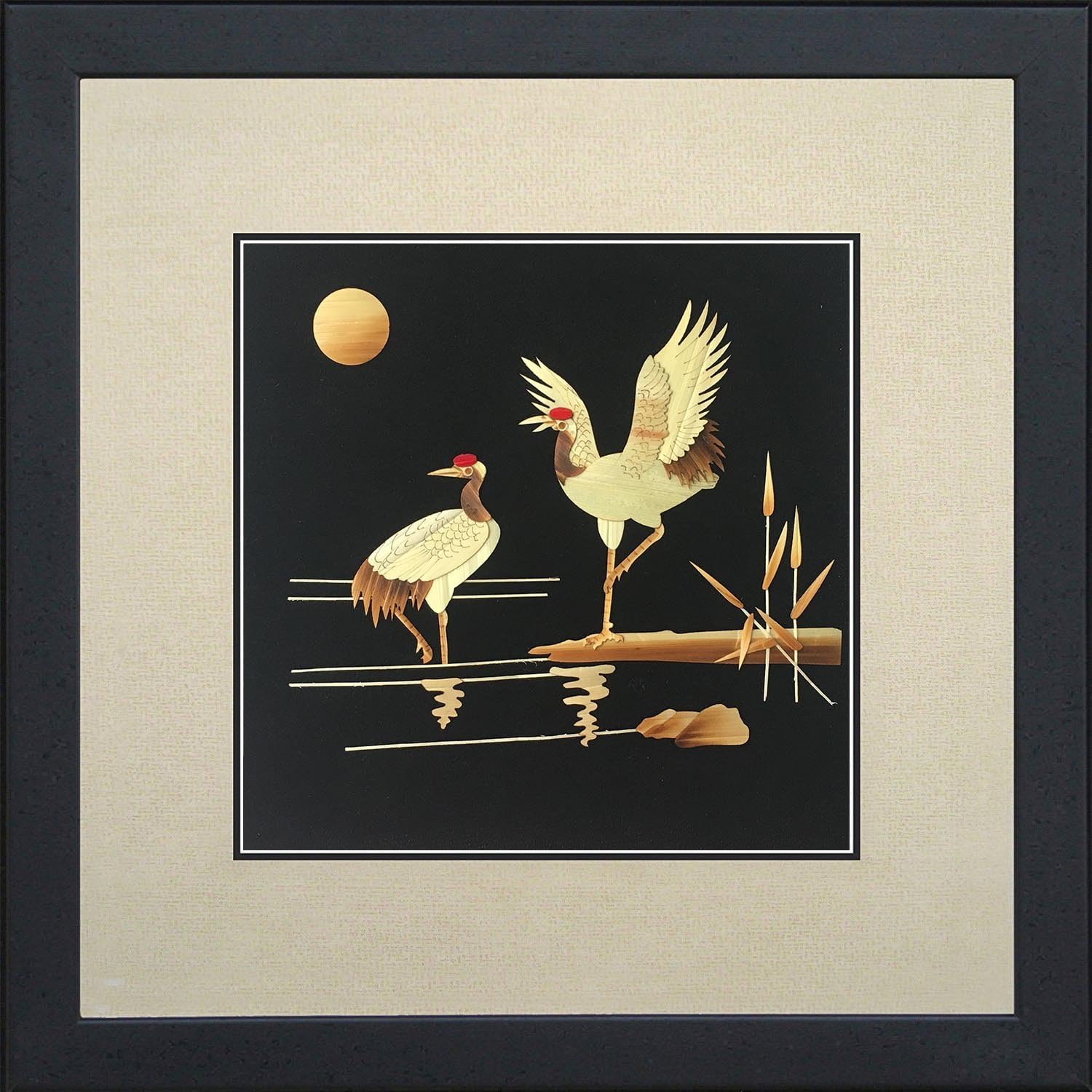 AAArt Handicrafts Wheat Straw Patchwork Wall Decor Painting Framed 12X12 Inch, Two Cranes Creative Chinese Traditional Fengshui Folk Wall Arts, Handmade by Natural Material as Decorative Present