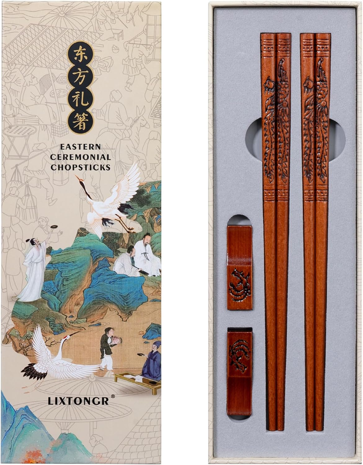 Dragon & Phoenix Beech Wood Chopsticks Set, 2 Pairs