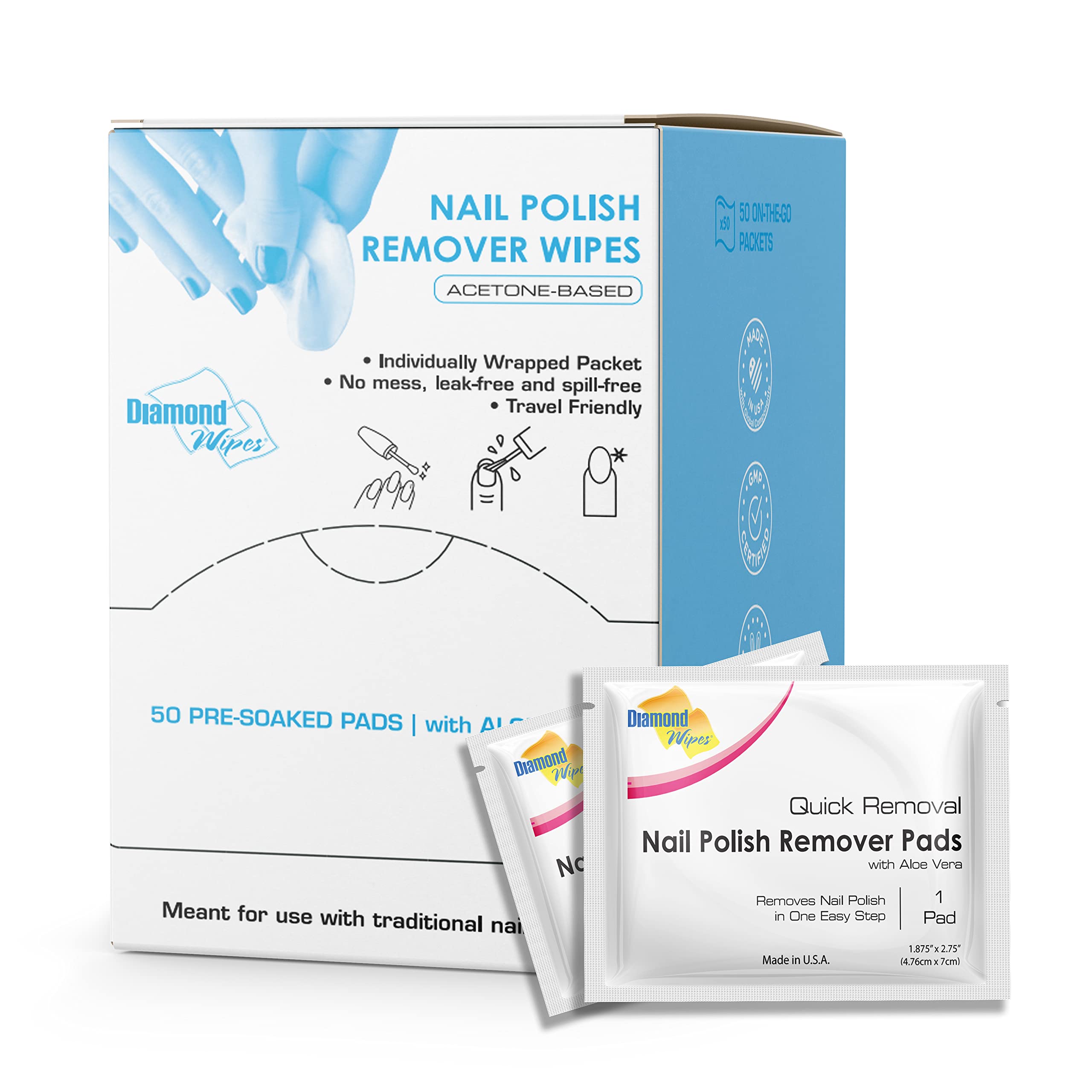 Diamond Wipes Acetone Nail Polish Remover Pads Box of 50ct Individually