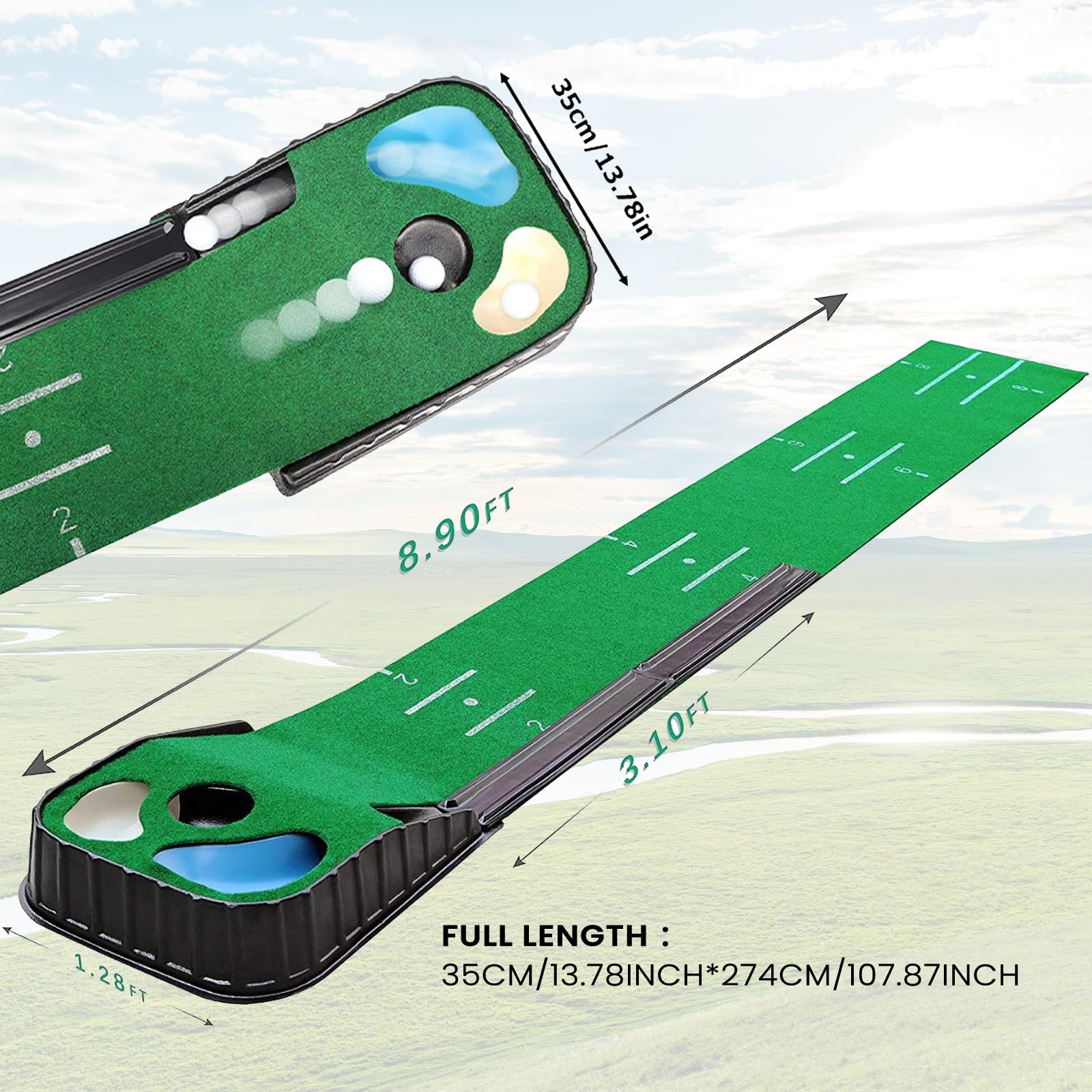 Tapis de golf d'intérieur vert avec retour automatique de balle et 3 trous, infroissable proche de la vraie vitesse verte, tapis de golf adapté pour bureau, salle de loisirs, terrasse