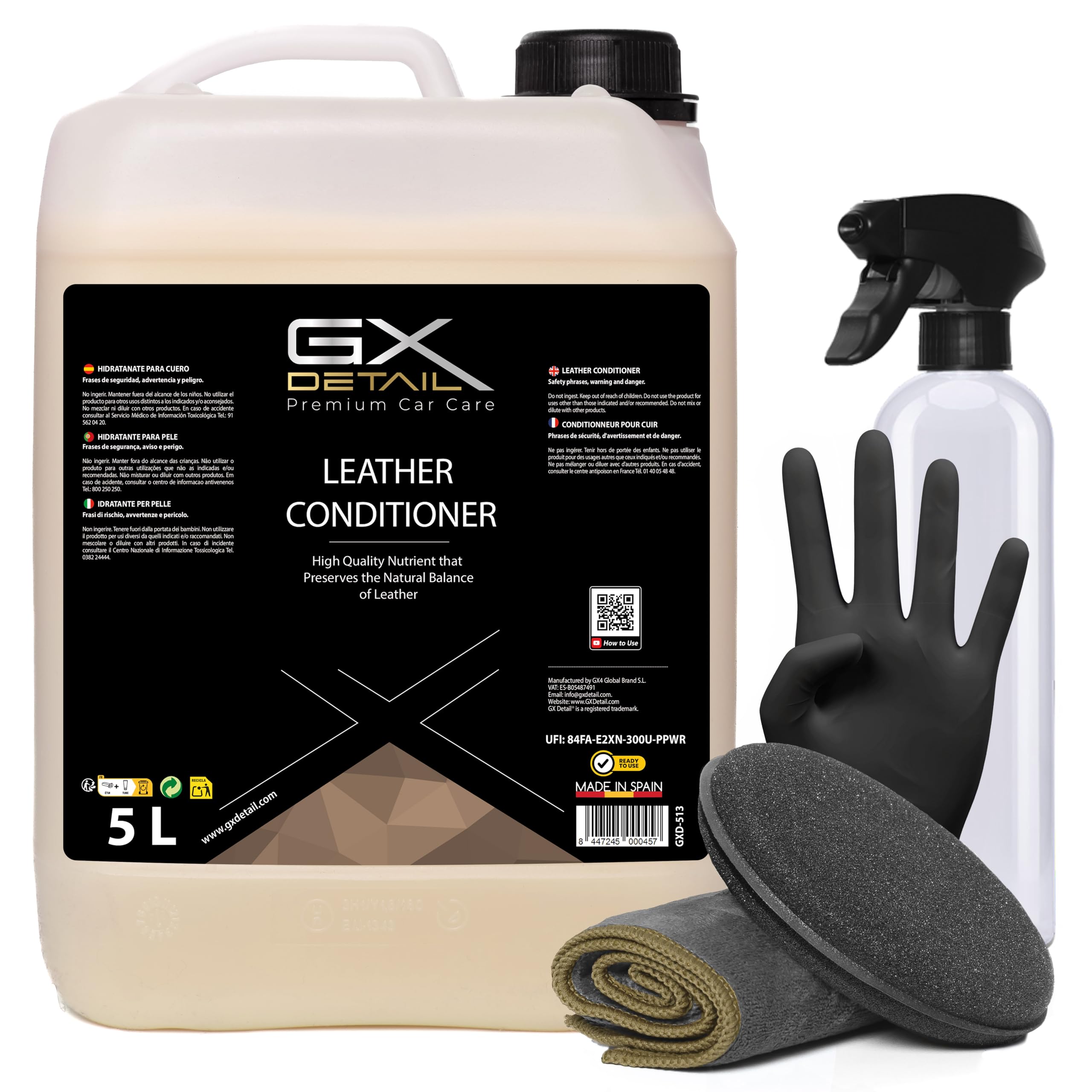 GxDetail Hidratante para Piel y Cuero para Asientos de Coche 5 Litros – Nutre, Protege y Restaura – Evita el Agrietamiento y el Desgaste – Acabado Natural y Secado Rápido.