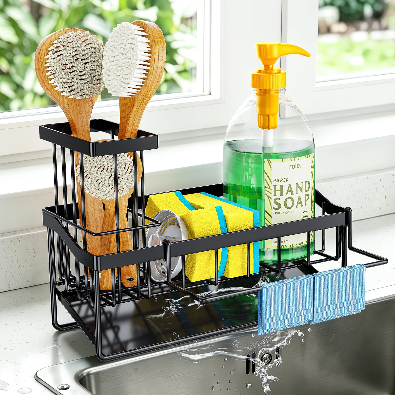 PKBD Self-Draining Sink Caddy – Holds Sponge & Dishcloth, Black