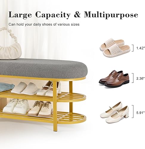 Miniatura 18 de Banco de almacenamiento de zapatos de 46 pulgadas con cojín, banco de entrada de 2 niveles, patas de metal moderno, zapatero con estante para