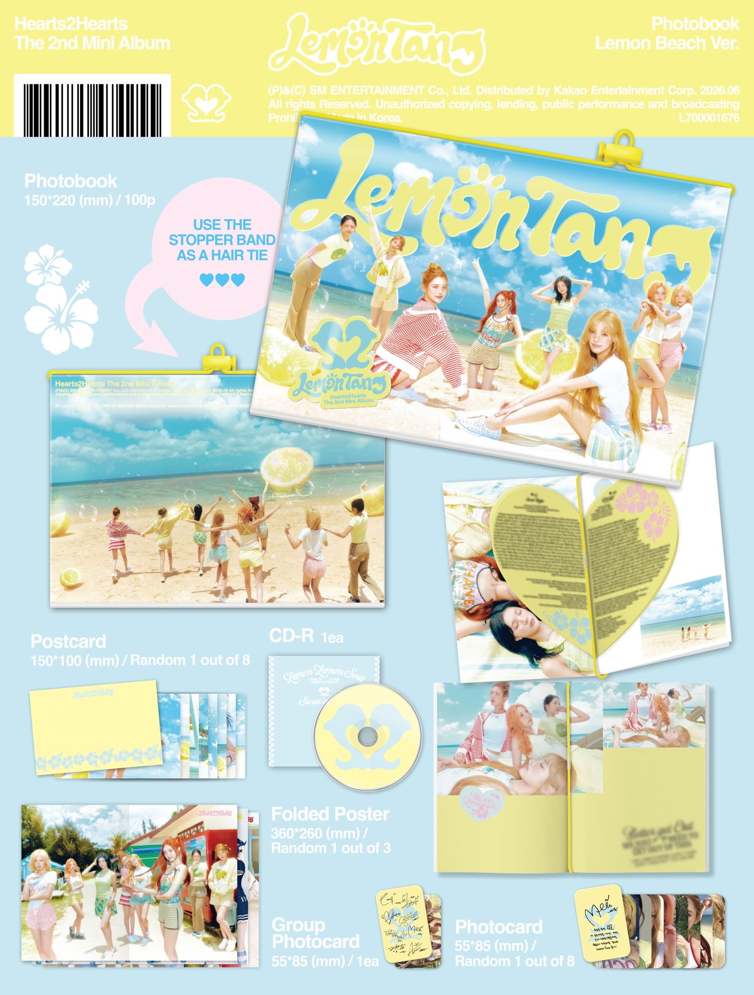 (Juego de 5 versiones: 1 libro de fotos, 1 calcomanía, 1 llavero, 1 estuche para joyas, 1 kit de verano), Hearts2Hearts Lemon Tang 2º mini álbum con seguimiento H2H
