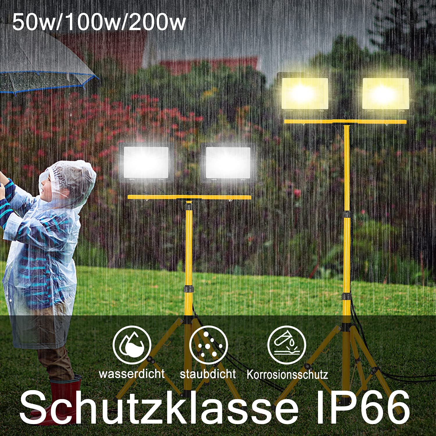 UISEBRT Faro da Lavoro a LED 2 * 200W bianco freddo con treppiede faretto da cantiere incluso cavo di alimentazione Proiettore a LED Luce da lavoro impermeabile IP66 per garage, giardino, cantiere