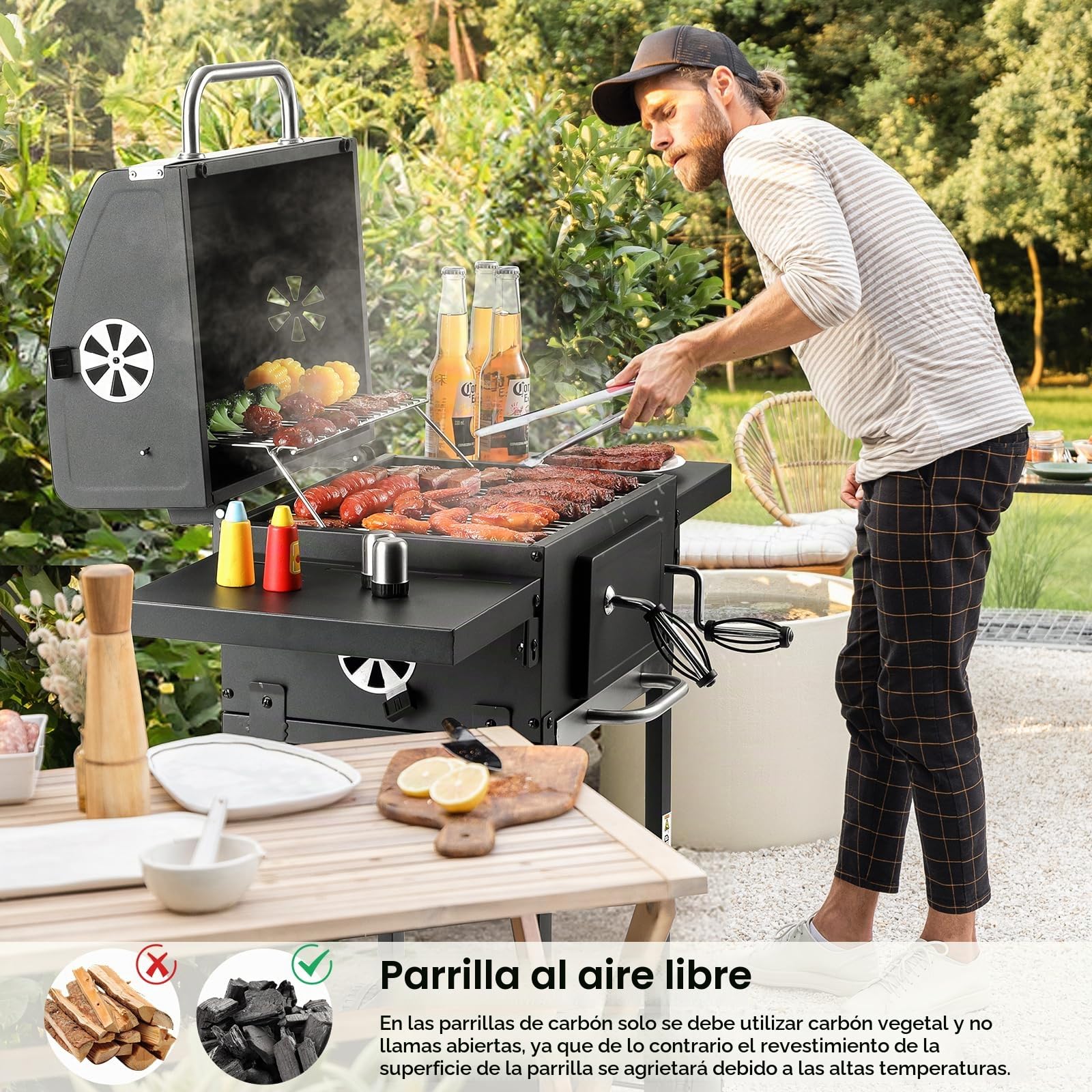 LIFERUN Parrilla Barbacoa Carbon con Tapa, BBQ Smoker, Parrilla con Carrito, con 2PCS Ruedas, Termómetro, Barbacoa de Carbon para Camping y Jardín, 96x98x44,5 cm