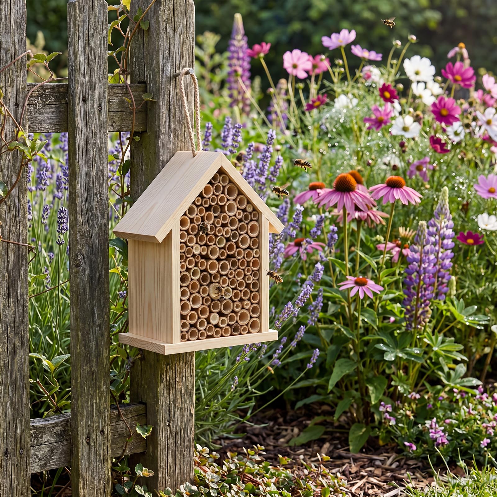 Marsui Mauerbienenhaus, Holz, handgefertigt, Bienenhotel, Outdoor, Bestäubung, Insektenbox, Lebensraum mit Röhren für Gartendekoration, 3 Stück