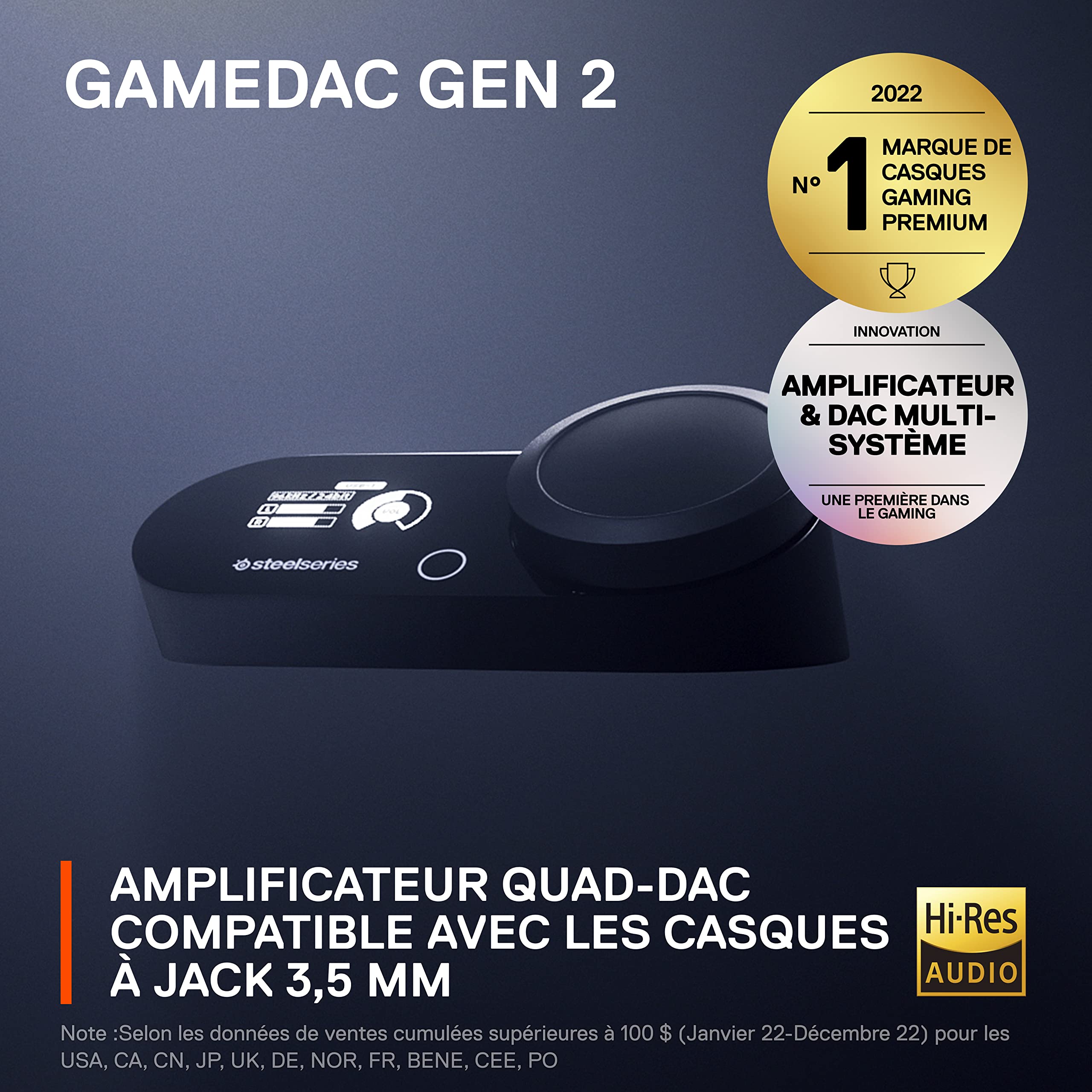 SteelSeries GameDAC Gen 2 Amplificateur Audio Hi-Res - ESS Sabre Quad-DAC - Élimination du Bruit par l’IA - Son Spatial 360° - Certifié Hi-Res - PC, PS5, PS4