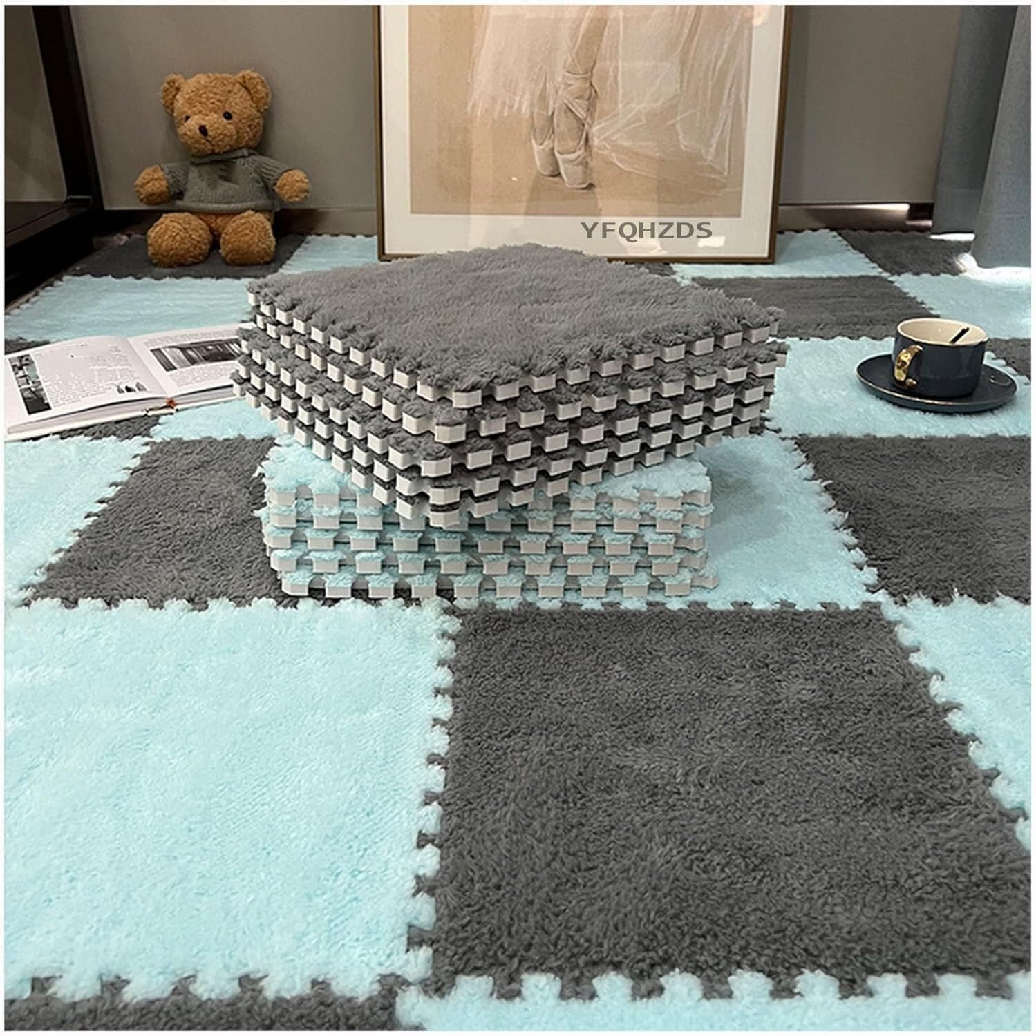 JvFbjLF Plush Foam Floor Mat 30pcs 30&60cm Square Puzzle Rugs Interlocking Foam Tiles(Gray+Light Blue,60x60x1cm)