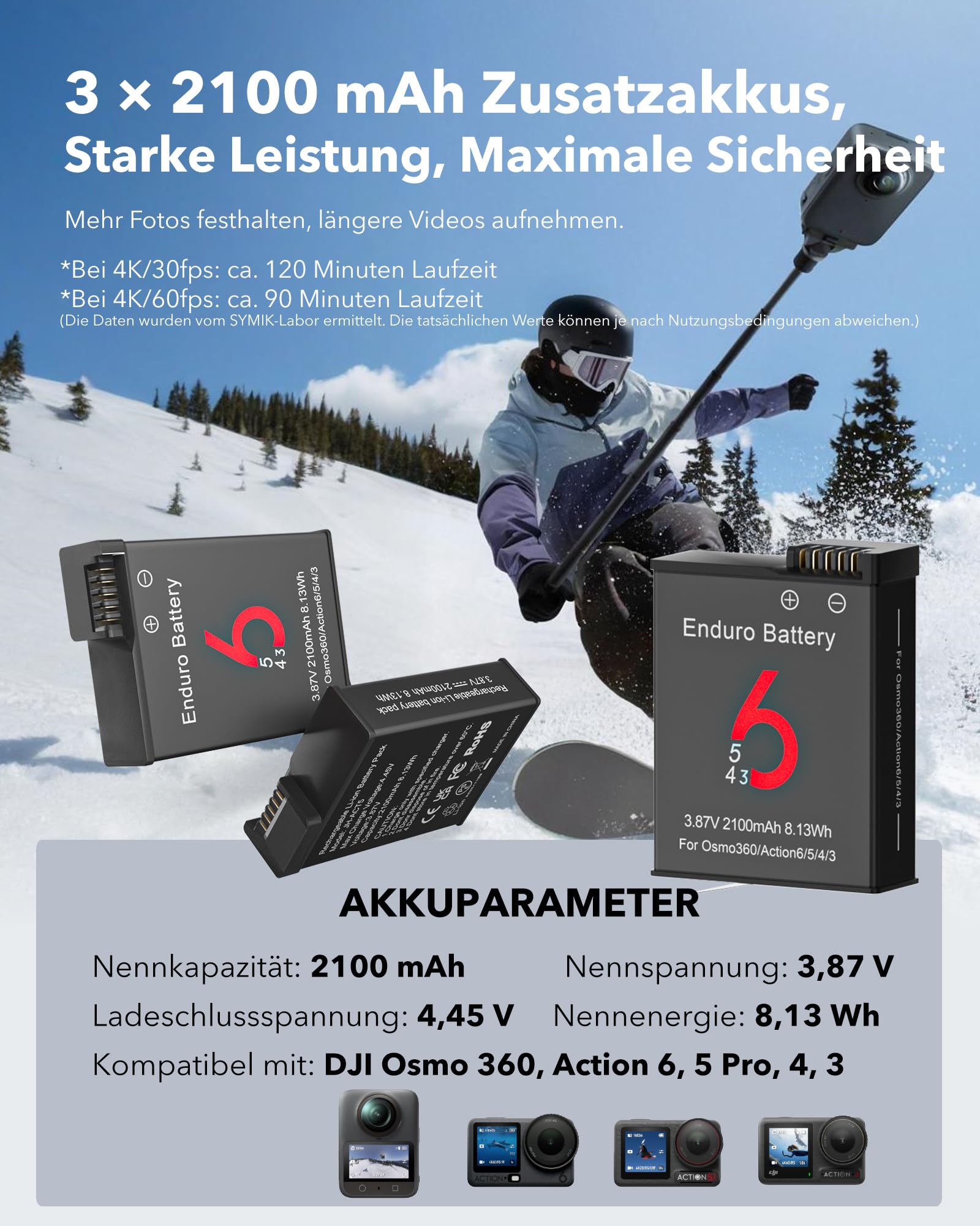 SYMIK 3er-Pack Action 6 Akkus mit Ladegerät für DJI Action 5 Pro, Osmo 360