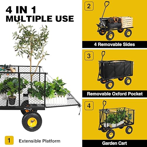 Miniatura 6 de Carros de jardín de gran tamaño con ruedas con canasta, 800 libras, carros de jardín resistentes con lados extraíbles y ruedas de 10 pulgadas para