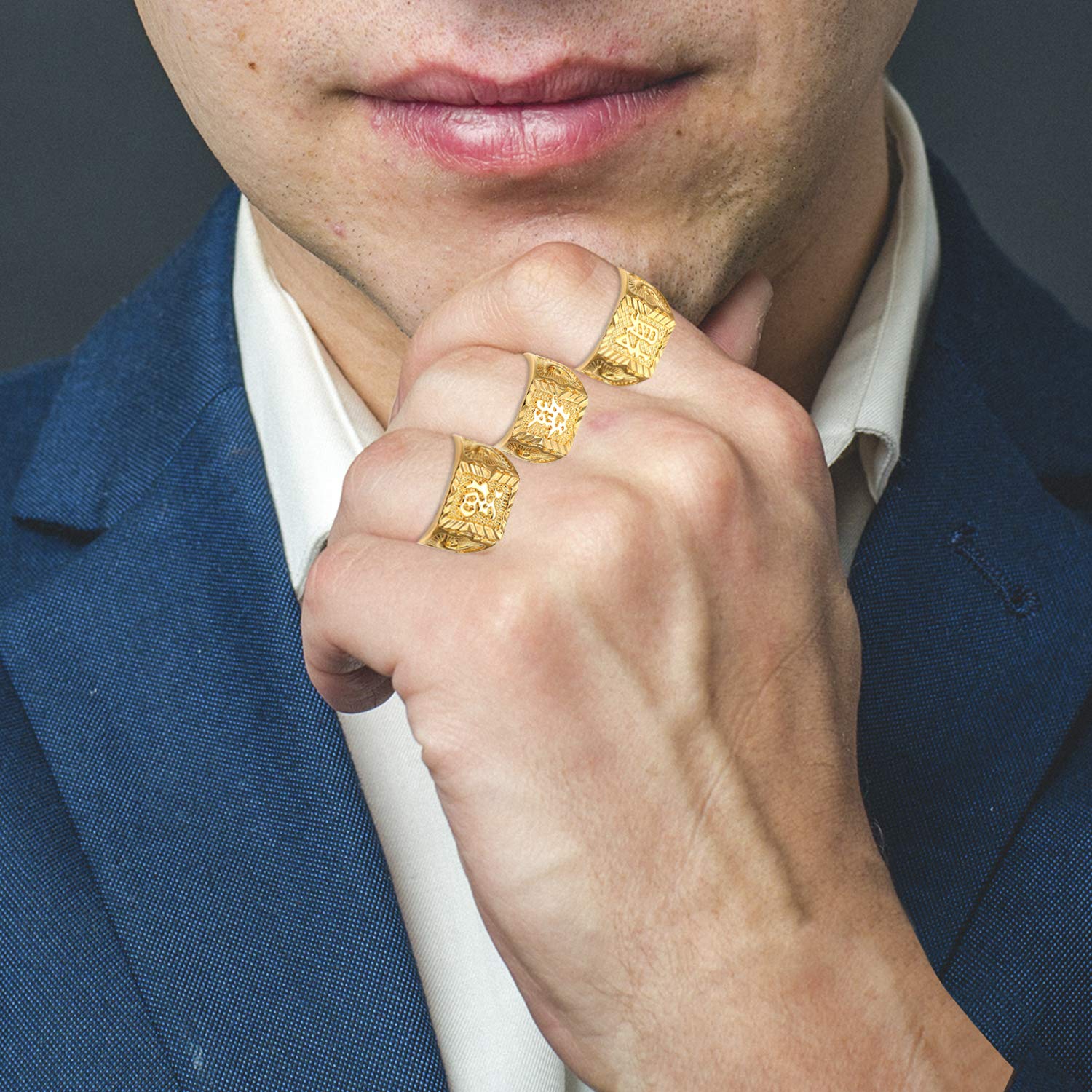 JewelryWe Biżuteria 3 szt. męski pierścionek pozłacany, królestwo/szczęście/bogactwo, obrączka, sygnet, regulowany rozmiar, stal szlachetna, Nie zawiera kamieni szlachetnych