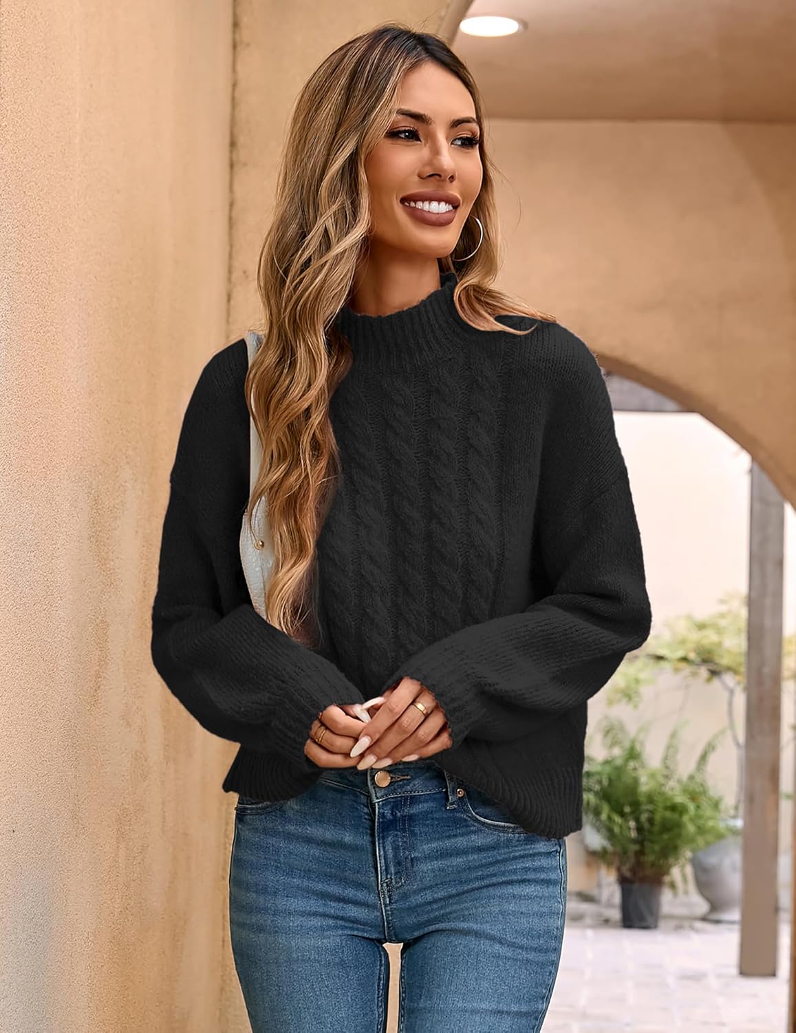 Womens Fall Ladies Dressy Lightweight Cable Knit Mock Neck Long Sleeve Pullover Sweater 2024 - Image 4