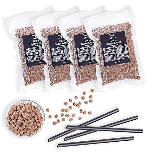 Locca - Perlas de tapioca prémium para bolas de té de burbujas para bebidas 4 bolsas 56 onzas con 40 popotes
