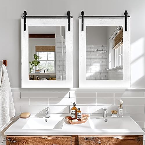 Miniatura 10 de Espejo de pared de granja, 22 x 30 pulgadas, espejos de pared con marco de madera rústica, estilo puerta de granero, espejo decorativo rectangular