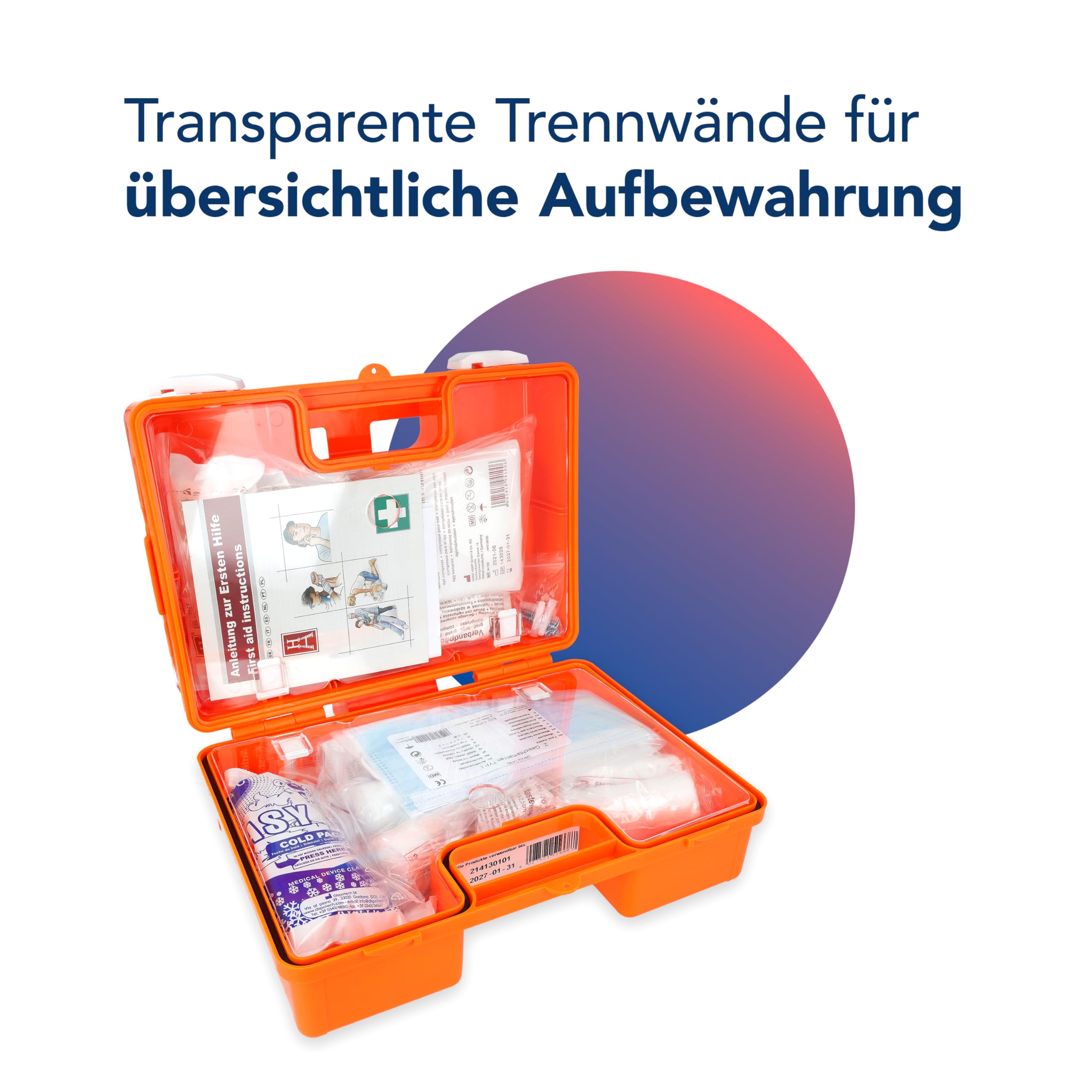 First Aid Only Erste Hilfe Koffer DIN 13157 mit Wandhalterung | Verbandskasten für Betriebe und Haushalte gefüllt nach DIN 13157:2021 | Tragegriff, Montagematerial und 90°-Arretierung | P-51001 00