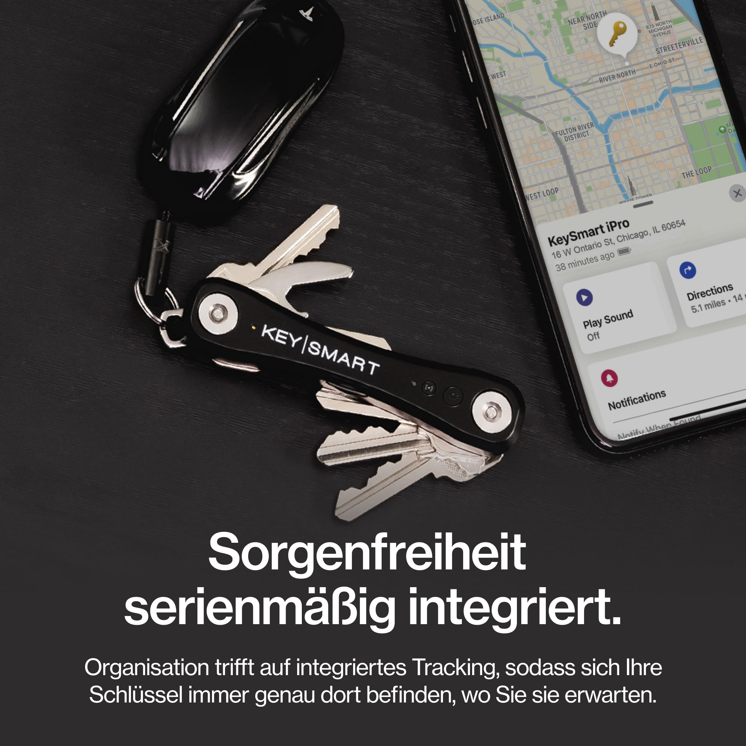 KeySmart iPro (Gen 2) – Schlüsselfinder mit Ton, Schlüsselhalter & Organizer, kompatibel mit Apple „Wo ist?“, kompakt & ordentlich, Tech-Geschenk für Männer,bis 14 Schlüssel, Schwarz