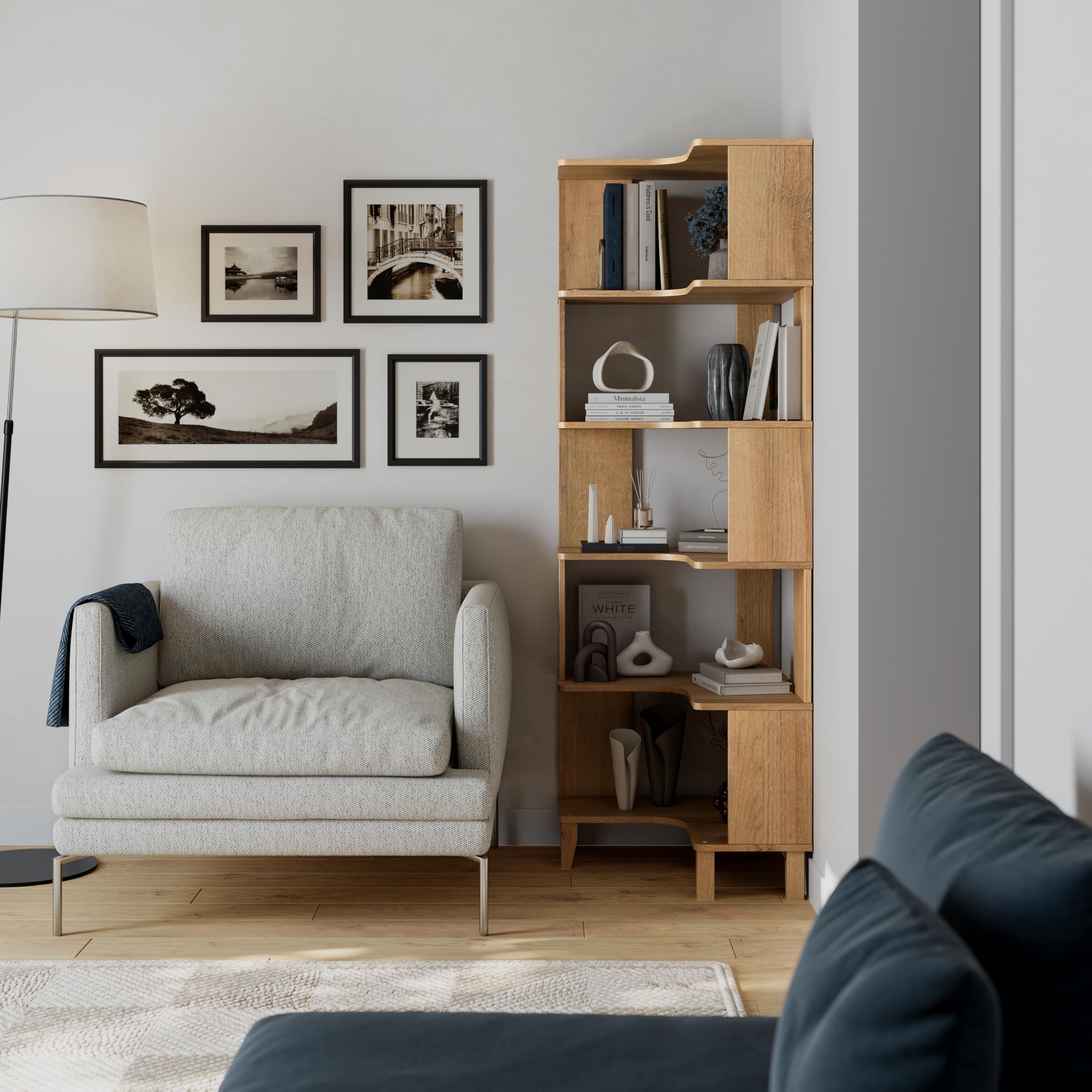 prepac nordik 6-tier natural oak modern mid century corner bookcase, 71.5" extra tall corner shelf with storage, multifunctional freestanding bookshelf for home office, living room, bedroom