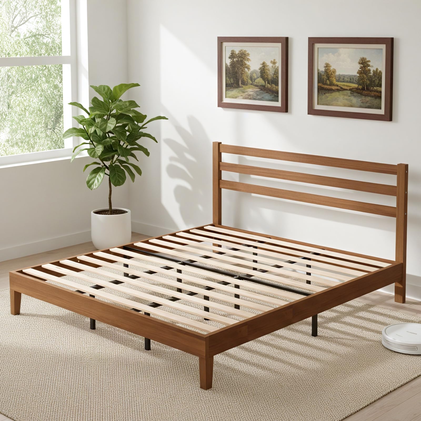 sweetcrispy solid wood bed frame - king size mattress foundation with headboard, no box spring needed with 1100lbs sturdy wooden slats support, noise free, easy assembly