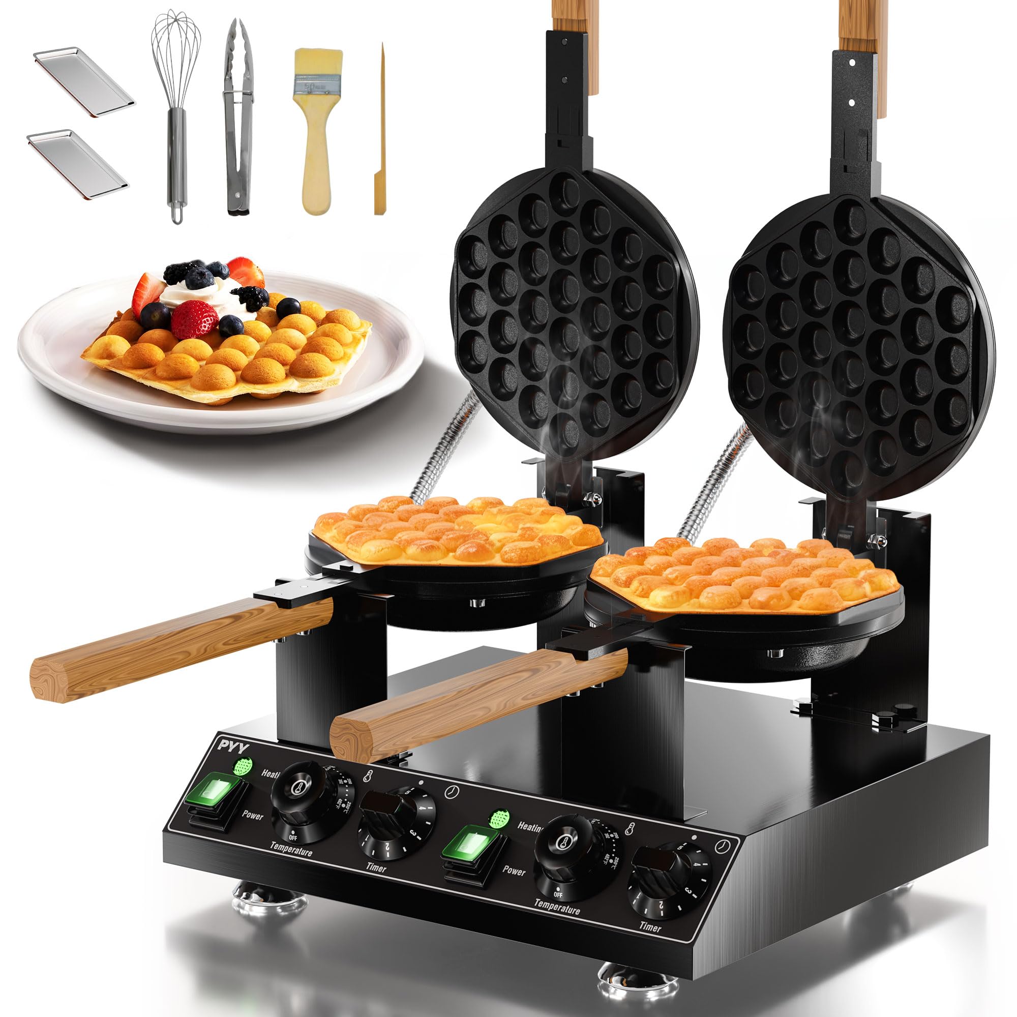 PYY Bubble Waffle Maker - 3100W Commercial Hong Kong Egg Waffle Maker, Double Head, 180° Rotate, Non-Stick Plate, 50-250℃ Adjustable Temp, Bubble