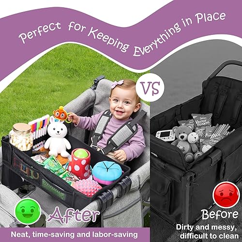 Miniatura 8 de Babenest Bandeja de aperitivos para cochecito Wonderfold Wagon W2, bandeja plegable gruesa para aperitivos con soporte para tazas, bolsa de malla de