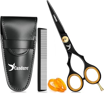 Candure Hairdressing Scissor with Comb & Leather Pouch 6.5" - Hair Scissor for Professional Hairdressers, Barbers Stainless Steel Hair Cutting Shears for Salon, Men, Women, Children and Adults Black