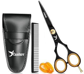 Candure Hairdressing Scissor with Comb & Leather Pouch 6.5" - Hair Scissor for Professional Hairdressers, Barbers Stainless Steel Hair Cutting Shears for Salon, Men, Women, Children and Adults Black - Amazon product rated Grade A