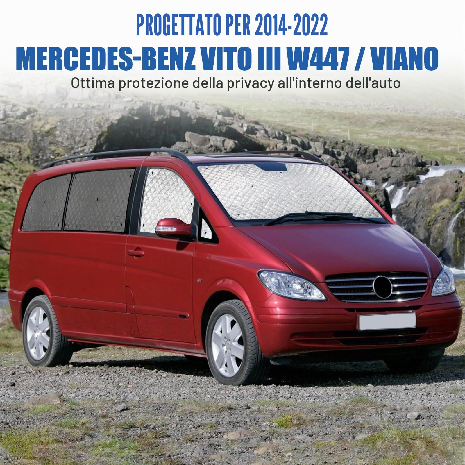 Tappetino Termico sostituzione per Mercedes-Benz VITO W447 / Viano 2014-2022 (SWB) 10 Pezzi con 45 Ventose, Protezione Solare per Parabrezza, Visiere Parasole Pieghevoli, Fodera nera | Set di 10 coperture per parabrezza auto, protezione completa, in pelli