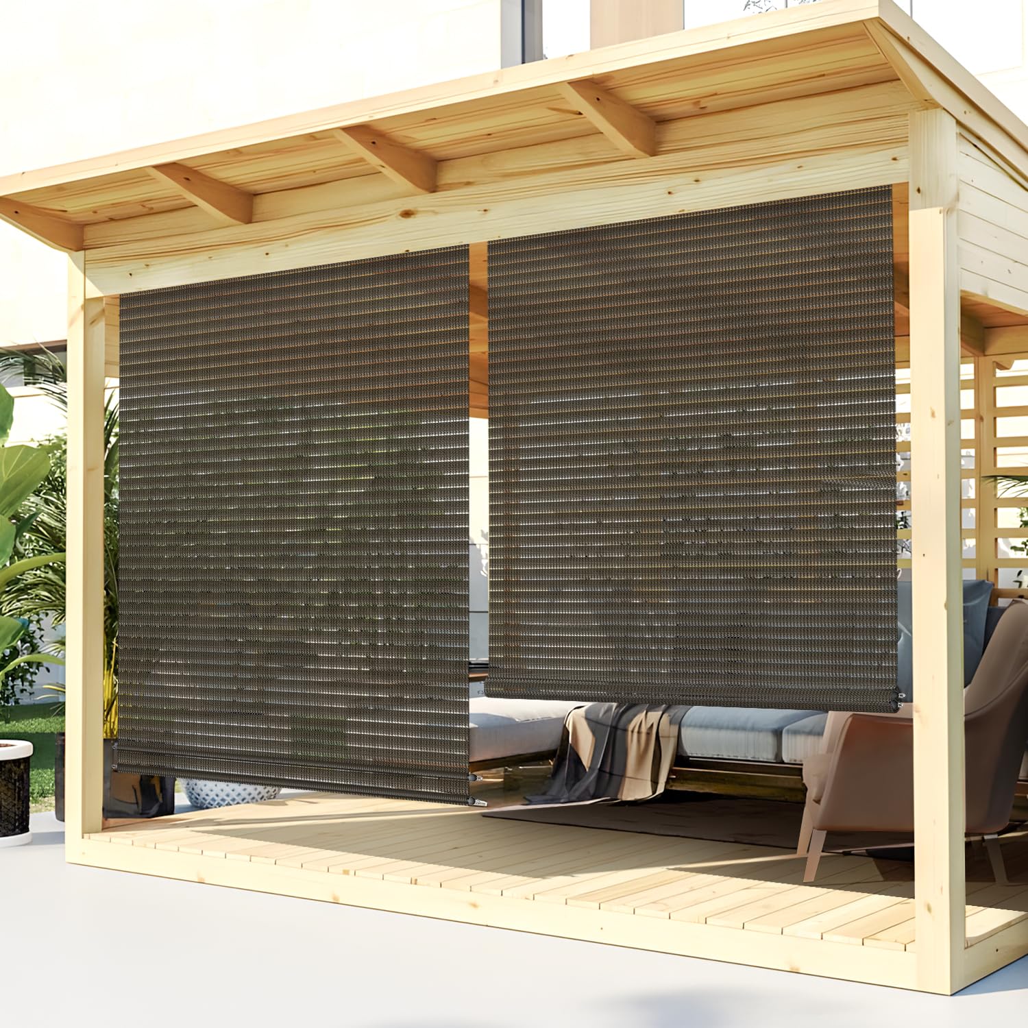 TANG Exterior Roller Shade Roll up Shade for Patio Deck Porch Pergola Balcony Backyard Outdoor Blinds Light Filtering Block UV Rays 6'W x 9'L Hollow Out Striped Brown