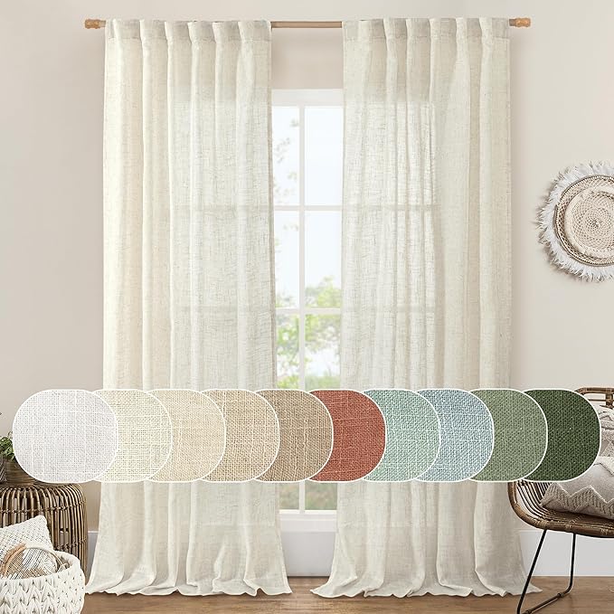 LAMIT Semi Sheer Linen Curtains 96 inches Long 2 Panels Set, Light Filtering Semi Sheer Panels Back Tab and Rod Pocket Floor to Ceiling Curtains for Bedroom/Living Room, Cream, 52 x 96 Inch