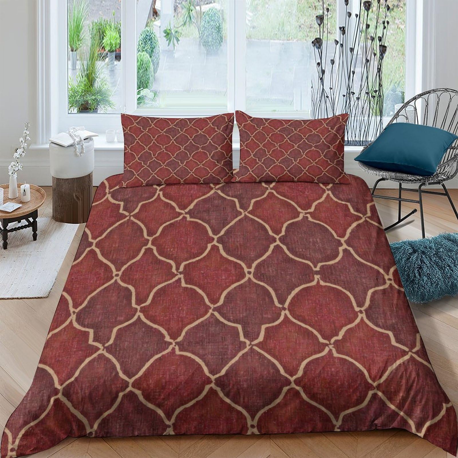 Ctjqhvkz Style-6 3D Printed Moroccan Lattice Fitted Sheet Microfiber Red Geometric Bed Cover For Bedroom Dorm Mattress Decor Single（135X200cm）