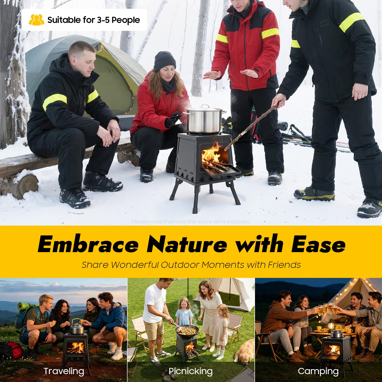 Estufa de leña portátil para tienda de campaña, estufa de camping multifunción con 16 ventilaciones, ultraligera, calefacción y cocina al aire libre, estufa compacta perfecta para senderismo picnic 3