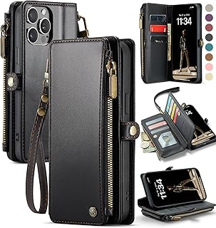 Defencase iPhone 13 Pro Max Case, Elegant Black, RFID Blocking Wallet for Women Men with Card Holder, Zipper, Magnetic Flip, PU Leather, Compatible with Wireless Charging & Kickstand