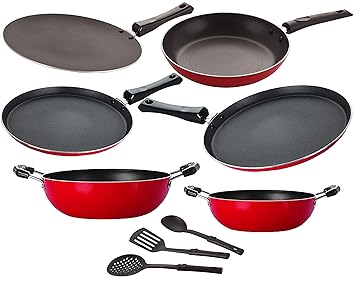 Nirlon Non Stick Aluminium cookware Set of 9 Pieces Kitchenware Utensils Combo Offer [2.6mm_FT13_CT_KD13_KD14_FT11_TP24_3SPN]