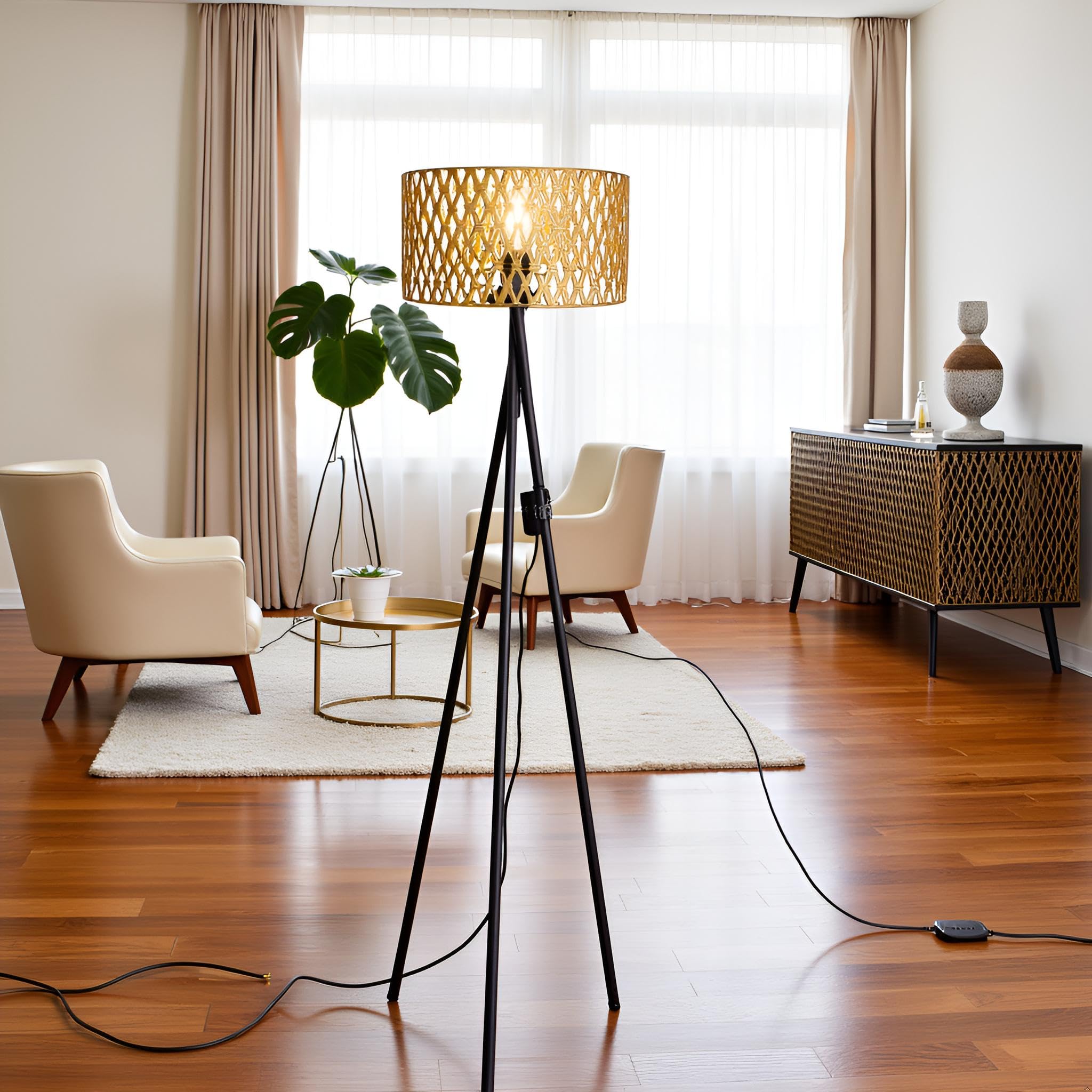 Osasy Modern Tripod Floor Lamp with Interchangeable Shades, Dimmable Standing Light, Black Metal Base - Image 2
