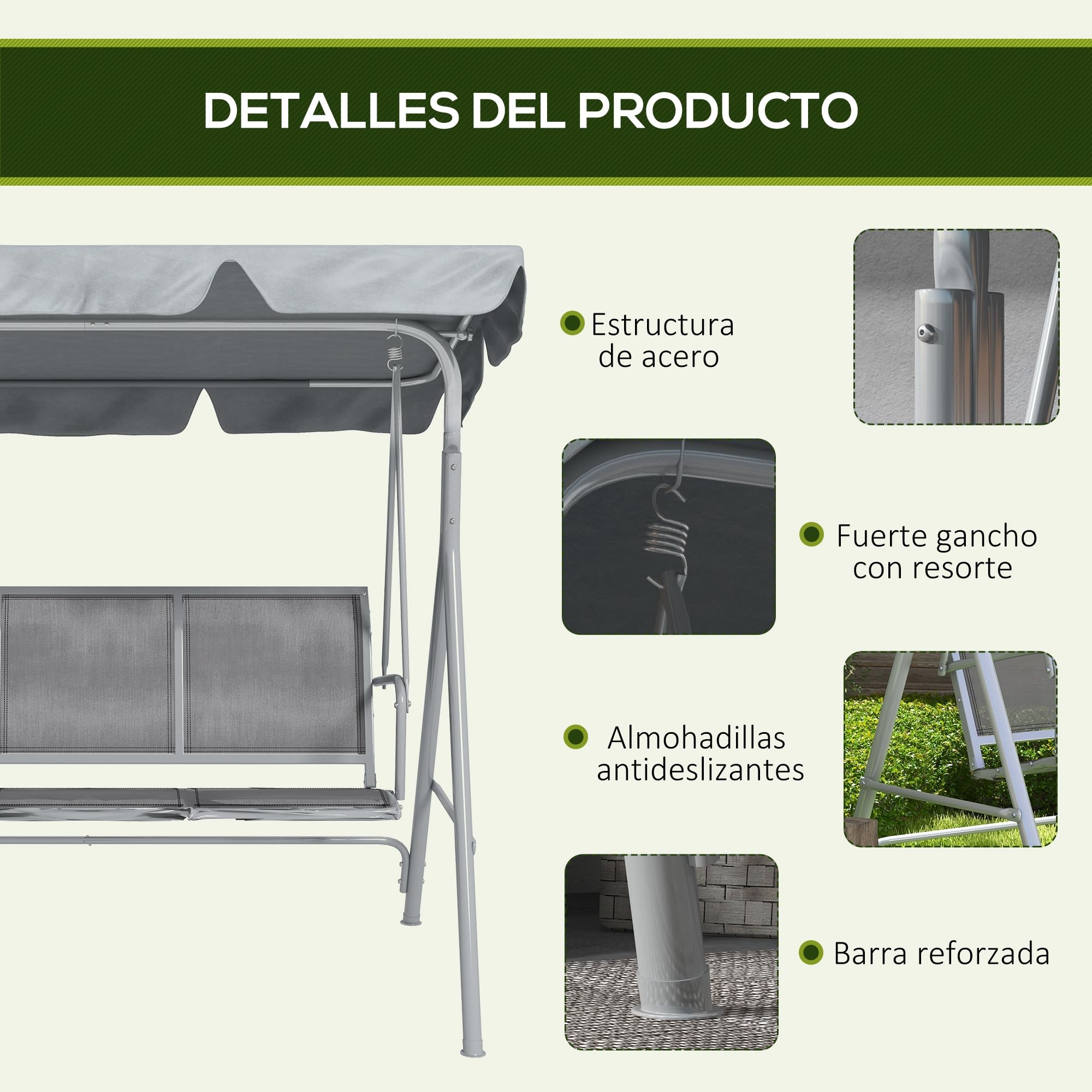 Outsunny Columpio Jardín Exterior Balancín Jardín Exterior de 3 Plazas con Toldo Ajustable Respaldo Transpirable y Marco de Metal para Terraza Balcón Carga 240 kg 171x108x154 cm Gris
