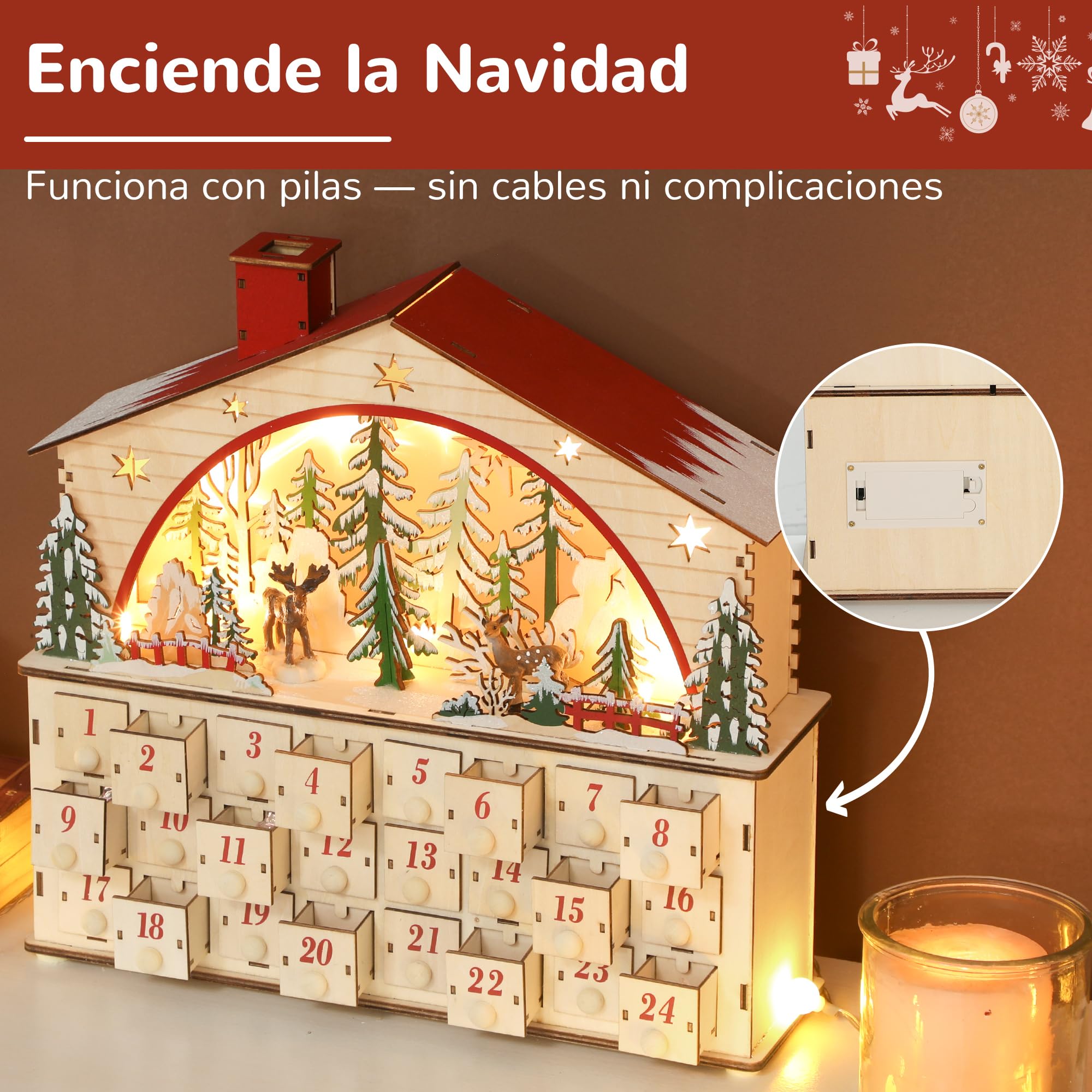 HOMCOM Calendario de Adviento para Rellenar de Madera, con Luces LED y 24 Cajones, Calendario de Adviento de Navidad Reutilizable con Escena de Pueblo, Decoración Navideña, 36x10x34 cm, Natural