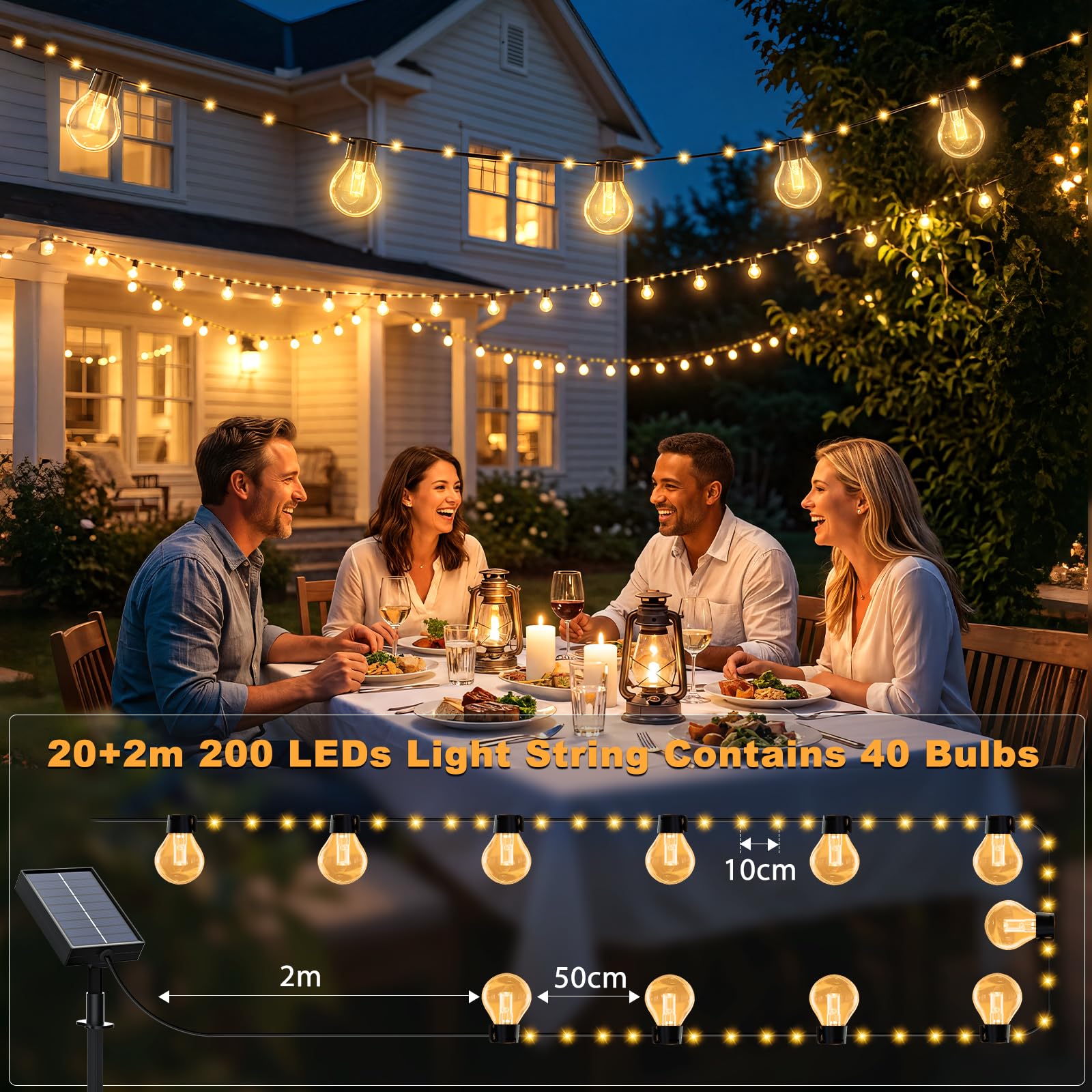 FIFlying Lucine solari da esterno 200 LED - 20+2 m Illuminazione da esterno Giardino Balcone 8 modalità - Dimmerabile resistente alle intemperie con telecomando